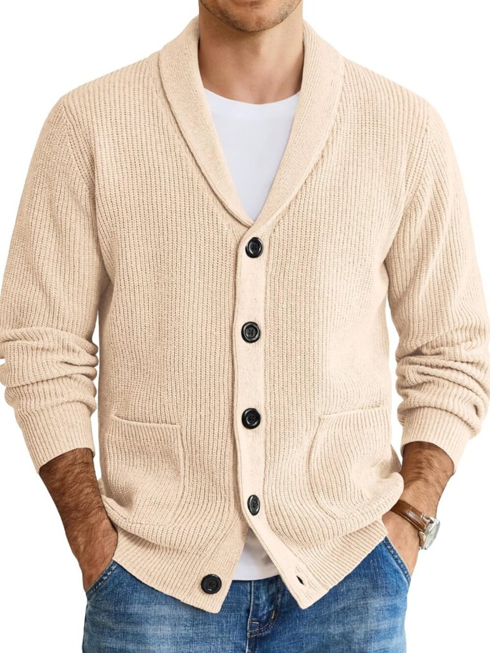 Mens Shawl Collar Cardigan Sweater Button up Sweater with Pockets